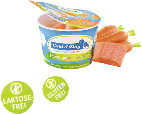 Hundesnack Hundeeis Cold&Dog Frozen Jogurth Wildlachs 90 ml Cold and Dog Frozen Joghurt für Hunde mit Laktosefrei und Glutenfrei Siegel, Karotten und Lachs