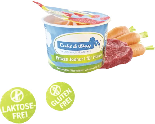 Hundesnack Hundeeis Cold&Dog Frozen Jogurth Rind 90 ml Cold and Dog gefrorener Joghurt für Hunde, dazu Karotten und Fleisch, laktosefrei, glutenfrei