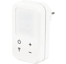 Weißer Zwischenstecker mit Schalter, WLAN-Symbol und Plus-Minus-Symbol