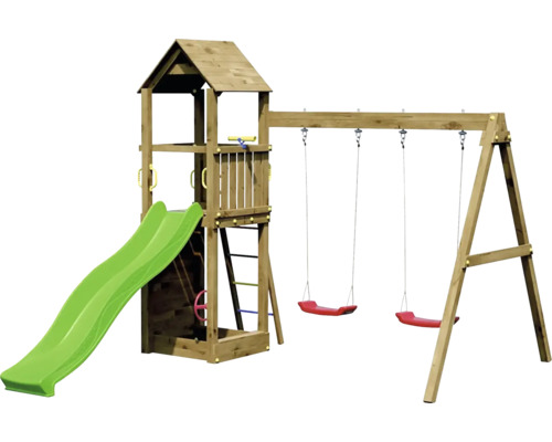 Spielturm Marimex Play 006 Holz natur inkl. Rutsche gelb, Doppelschaukel, Leiter, Fernrohr & Kletterwand