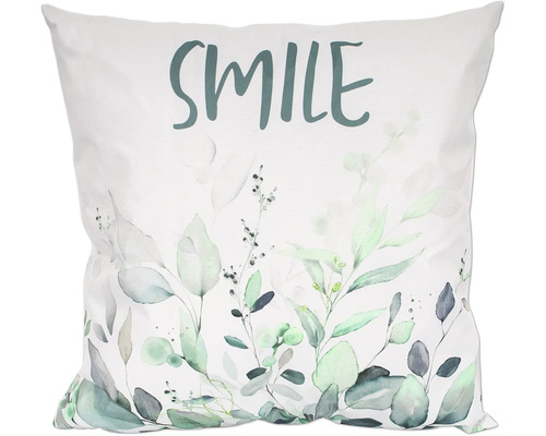Dekokissen mit Aufschrift Smile und floralem Design