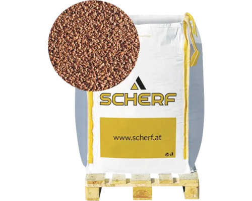 Terrakotta-Kultursubstrat ziegelrot BigBag 1.000 L Sack Rindenmulch auf einer Palette mit Nahaufnahme der Rindenstücke