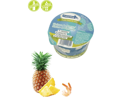 Hundesnack Hundeeis Cold&Dog Frozen Jogurth Shrimps-Ananas 90 ml Cold and Dog gefrorener Joghurt für Hunde mit Garnele und Ananas sowie den Siegeln laktosefrei und glutenfrei.