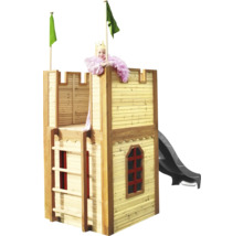 Spielhaus in Form einer Burg mit Rutsche und Leiter