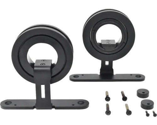 Zwei schwarze Türstopper mit Schrauben