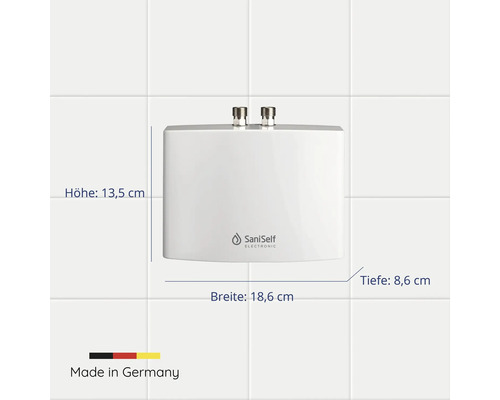 Saniself elektronisches Gerät mit Abmessungen und Made in Germany Zeichen
