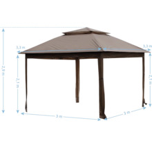 Pavillon mit den Maßen 3,3 Meter mal 3 Meter und einer Höhe von 2,9 Metern.