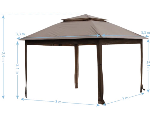 Pavillon mit den Maßen 3,3 Meter mal 3 Meter und einer Höhe von 2,9 Metern.