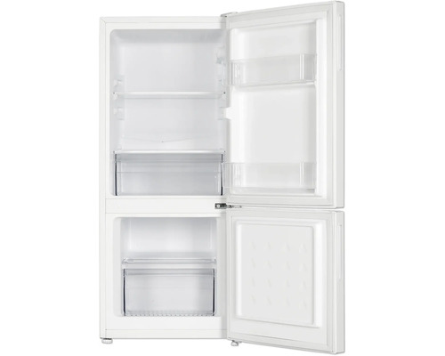 Geöffneter Kühlschrank mit Gefrierfach und Regalen
