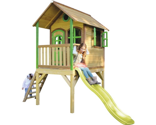 Spielhaus aus Holz mit Rutsche und Leiter
