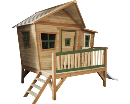 Spielhaus aus Holz mit Treppe, Balkon und Rutsche