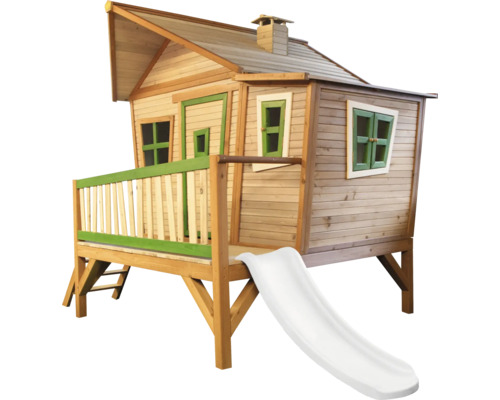 Spielhaus aus Holz mit Rutsche