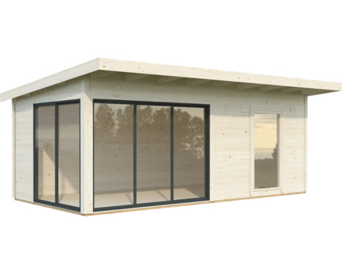 Modernes Gartenhaus mit großen Fensterfronten und Flachdach