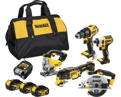 Akku-Combo-Pack DeWalt DCK506M3-QW, XR 18 V, 10-tlg. , inkl. 3 Akkus DeWalt Werkzeugset mit Tasche, Bohrmaschine, Stichsäge, Säbelsäge, Kreissäge, Akkus und Ladegerät