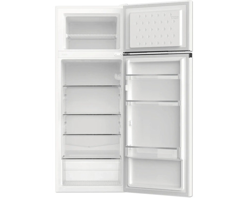 Geöffneter Kühlschrank mit Gefrierfach und mehreren Einlegeböden.