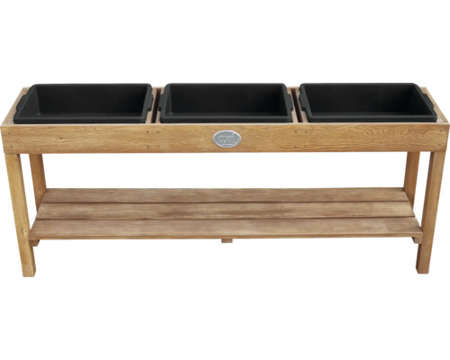 Axi Sand- und Wassertisch aus Holz mit drei schwarzen Wannen und einer Ablagefläche.
