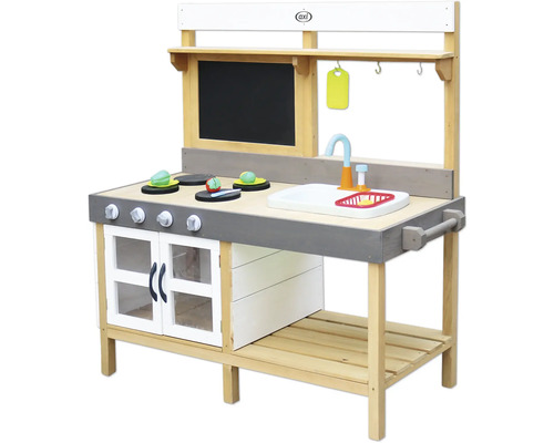 Spielküche aus Holz mit Spüle, Herdplatten und Tafel