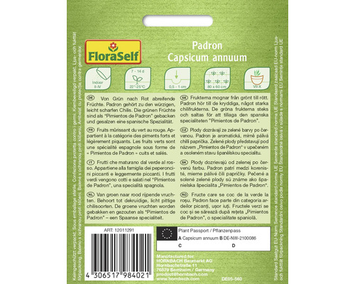 Padron Capsicum annuum Verpackung mit Informationen über die Pflanze und ihren Anbau