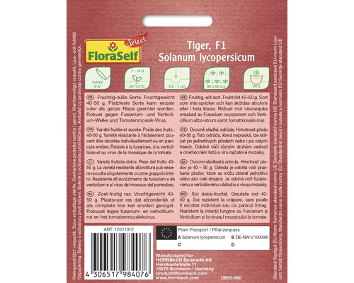 Tiger F1 Solanum lycopersicum Saatguttüte mit Pflanzeninformationen