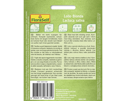 Rückseite der Saatguttüte Lollo Bionda Lactuca sativa mit Informationen zu Anbau und Ernte