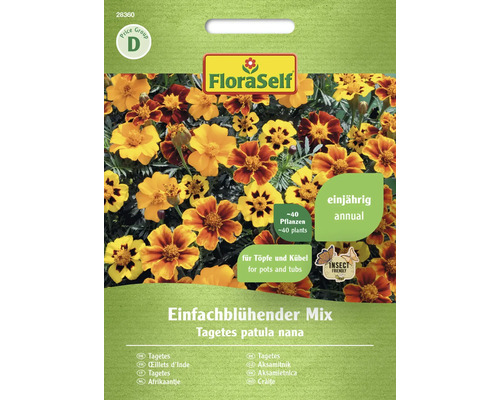 Blumensamen FloraSelf großblütige Studentenblume ungefüllt 'Einfachblühende Mischung' FloraSelf Tagetes patula nana Samen für etwa 40 Pflanzen