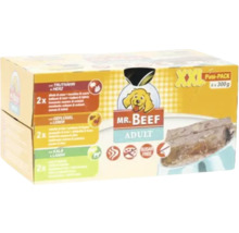Mr Beef Adult Hundefutter XXL-Pack mit Truthahn und Herz, Geflügel und Leber, Kalb und Lamm, 6 x 300 Gramm, zuckerfrei