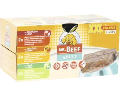 Mr Beef Adult Hundefutter XXL-Pack mit Truthahn und Herz, Geflügel und Leber, Kalb und Lamm, 6 x 300 Gramm, zuckerfrei