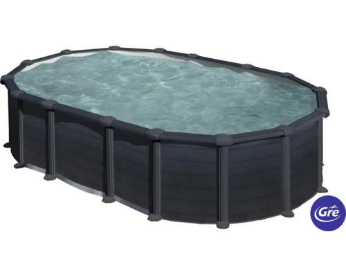 Aufstellpool Stahlwandpool-Set Gre oval 634x399x132 cm inkl. Sandfilteranlage, Skimmer, Leiter, Filtersand, Anschlussschlauch & Bodenschutzvlies grau