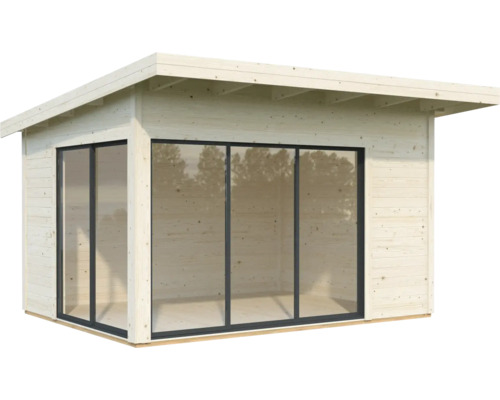 Gartenhaus aus Holz mit großen Fensterfronten