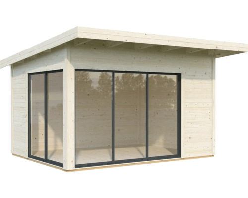 Modernes Gartenhaus aus Holz mit großen Glasfronten für viel Tageslicht