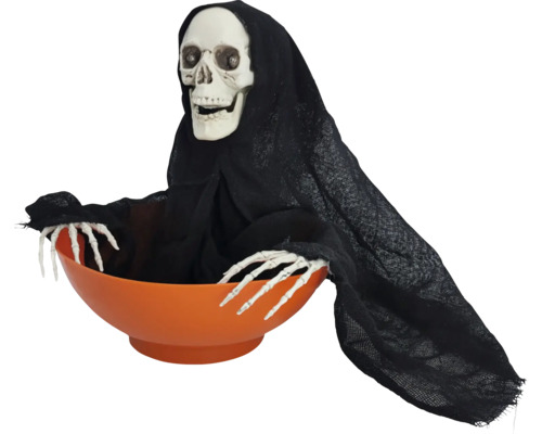 Dekorativer Sensenmann mit Kapuze in einer Schale für Halloween