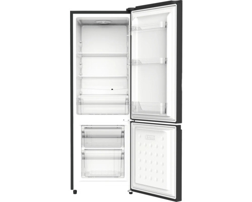 Geöffneter Kühlschrank mit Fächern und Schubladen