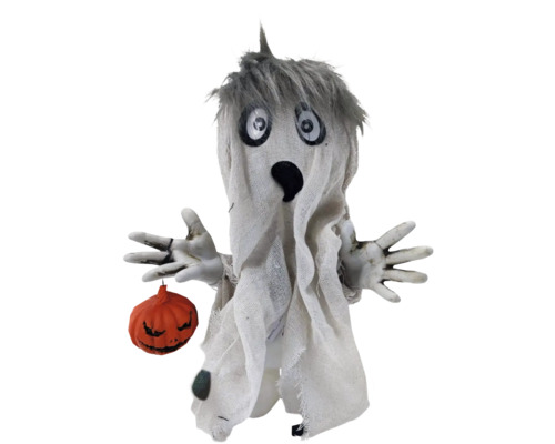Dekorativer Halloween Geist mit Kürbis in der Hand.