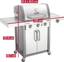 Char-Broil Gasgrill mit den Maßen 61,5 x 44,5 cm, 130 cm Breite, 121,4 cm Höhe und 59,7 cm Tiefe.