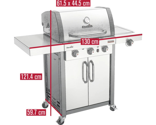 Char-Broil Gasgrill mit den Maßen 61,5 x 44,5 cm, 130 cm Breite, 121,4 cm Höhe und 59,7 cm Tiefe.