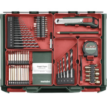 Metabo Werkzeugkoffer mit Bohrern, Bits, Cutter, Bleistift, Maßband, Papier und weiterem Zubehör