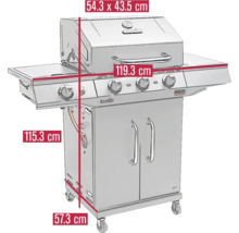 Gasgrill mit den Maßen 54,3 x 43,5 cm (Grillfläche), 119,3 cm (Breite), 115,3 cm (Höhe) und 57,3 cm (Tiefe).