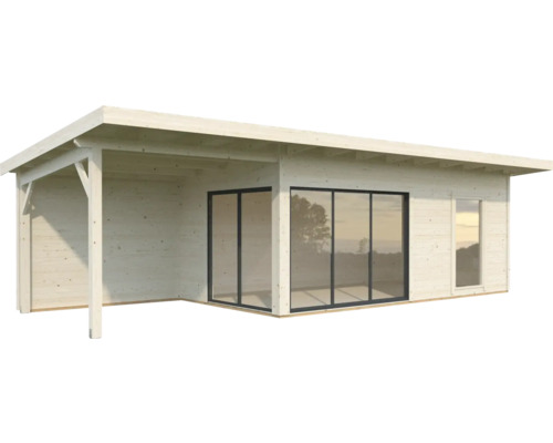 Modernes Gartenhaus mit überdachter Veranda und Glasschiebetüren