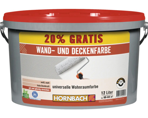 HORNBACH Wand- und Deckenfarbe konservierungsmittelfrei weiss 12 L Eimer mit Wand- und Deckenfarbe, 12 Liter, geeignet für 60 bis 84 Quadratmeter