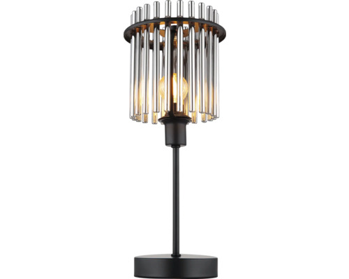 Tischleuchte mit Lampenschirm aus Glasrohren und schwarzem Metallsockel.