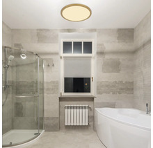 Badezimmer mit Dusche, Badewanne, Fenster und Deckenleuchte