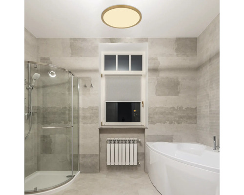 Badezimmer mit Dusche, Badewanne, Fenster und Deckenleuchte