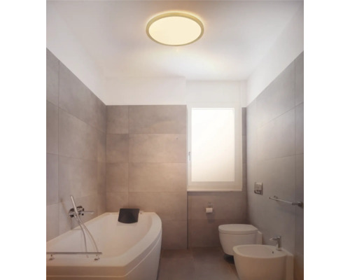 Modernes Badezimmer mit Badewanne, Toilette, Bidet und runder Deckenleuchte.