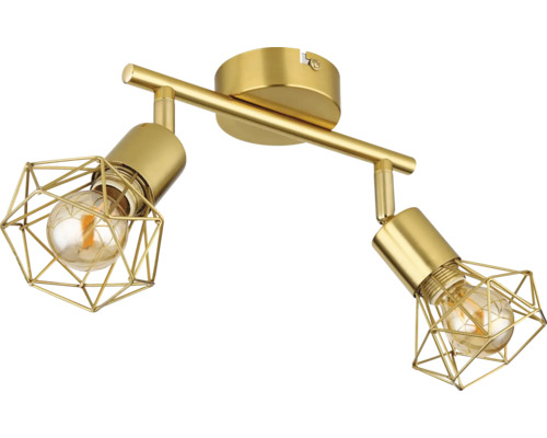 Goldfarbene Deckenleuchte mit zwei Lampen und geometrischen Lampenschirmen.