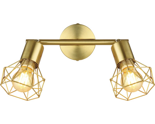 Goldfarbene Wandleuchte mit zwei Leuchten und geometrischen Lampenschirmen.
