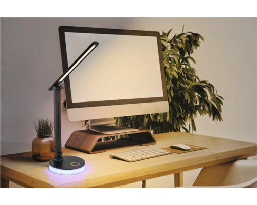 Schreibtisch mit LED-Lampe, Computermonitor und Büropflanze für einen hellen Arbeitsbereich
