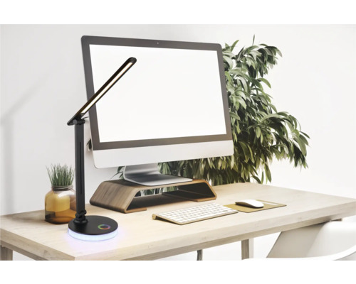 Schreibtisch mit LED-Lampe, Computermonitor, Tastatur und Büropflanze für einen organisierten Arbeitsplatz