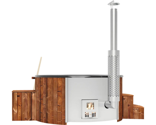 Holzbefeuerter Badezuber mit Edelstahlofen und Treppe