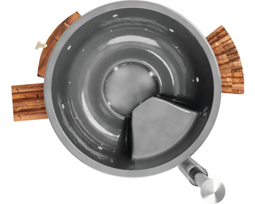 Runde Whirlpoolwanne mit Holzelementen und Innenaufteilung