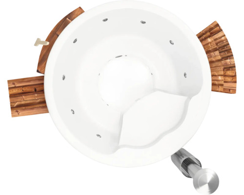 Runder Whirlpool mit Holzverkleidung von oben